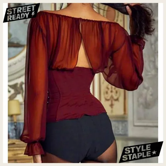 Large Polyester Corset Top with Sheer Long Sleeves Tie Front Blouse